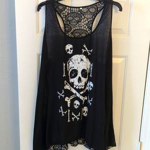 Black sku and crossbone print crochet razorback tank